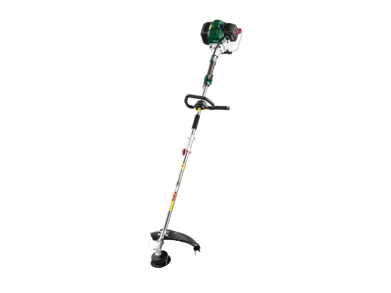 Green and black petrol grass trimmer with a D-handle and a cutting head with line.