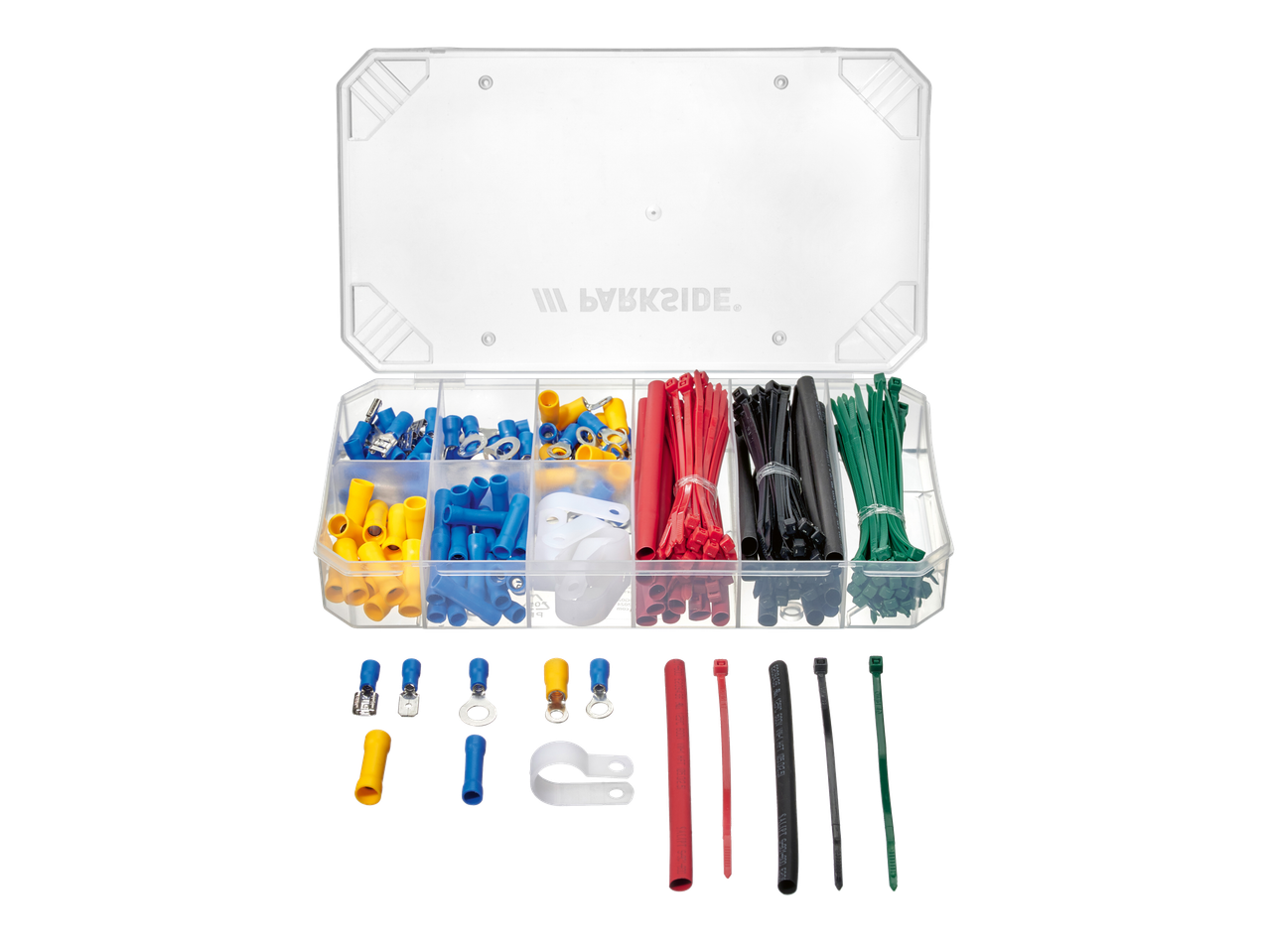 Parkside® pisiosade komplekt kaabliklemmide, termokahanevate torude ja kaablisidemetega.