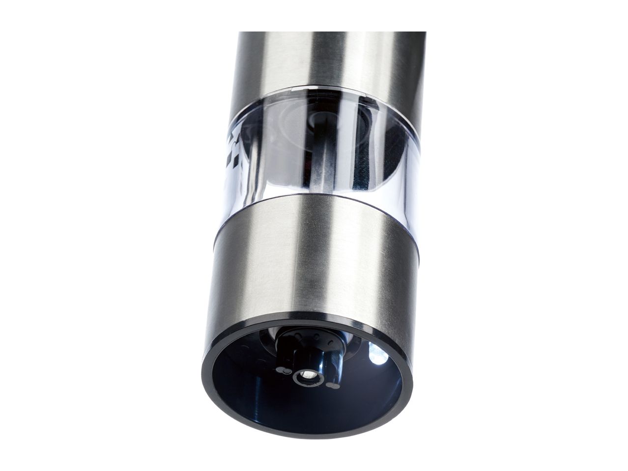 Close-up of a stainless steel and clear acrylic electric salt or pepper mill.