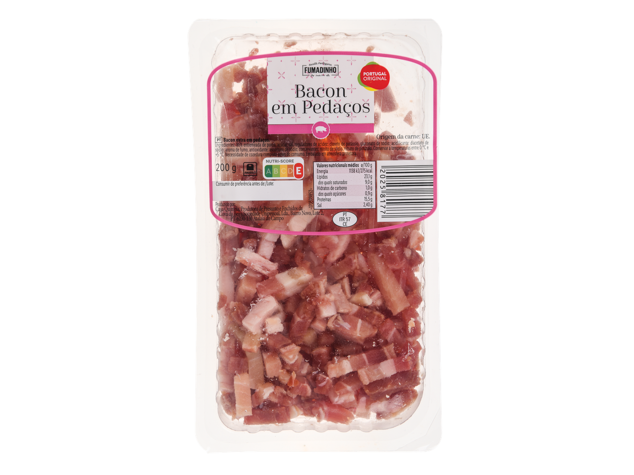 Embalagem de bacon em pedaços Fumadinho, 200g.