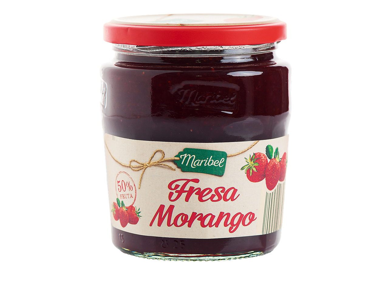 Um pote de doce de morango Maribel com 50% de fruta.