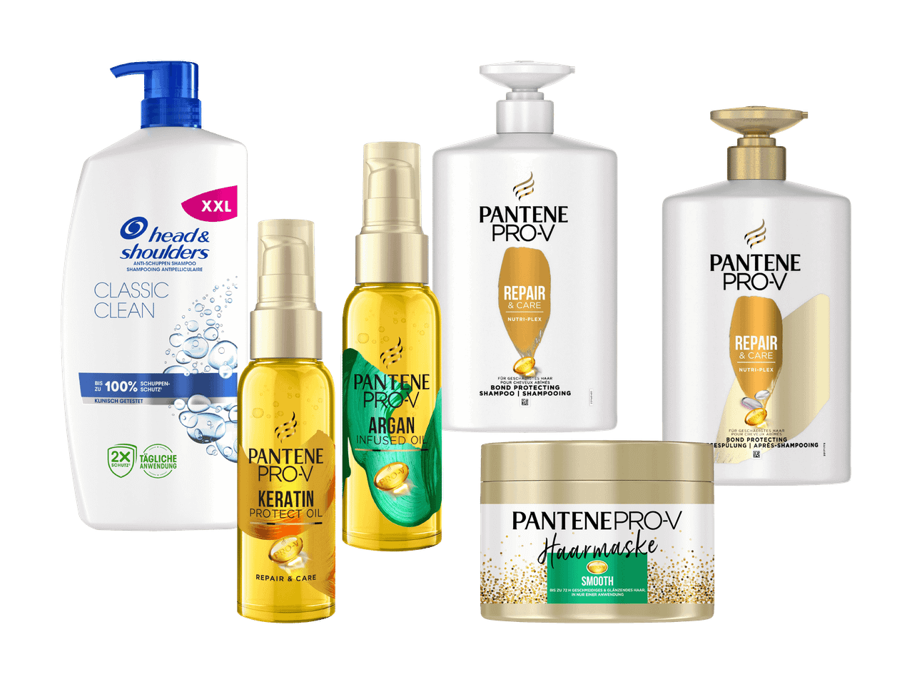 Eine Auswahl an Haarpflegeprodukten, darunter Head & Shoulders Shampoo und Pantene Pro-V Shampoos, Öle und Haarmaske.