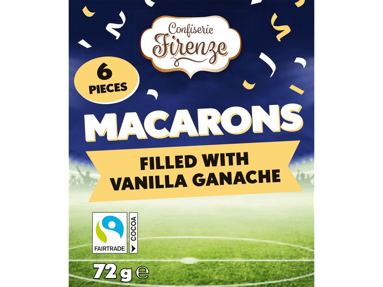 Macaronok vaníliás ganache töltelékkel, 6 darabos kiszerelésben, Fairtrade kakaóval.