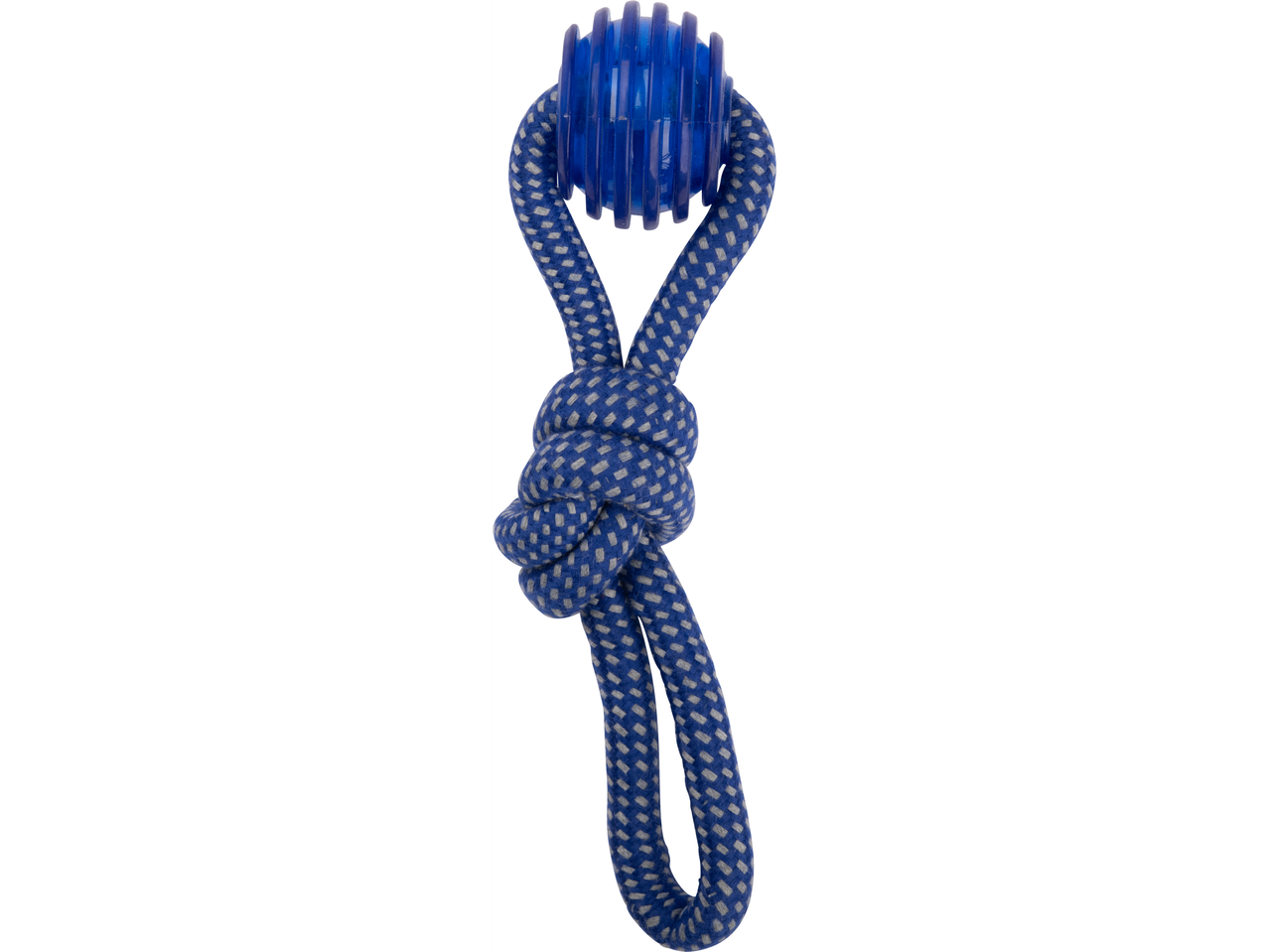 Jucărie pentru câini: minge albastră și frânghie.