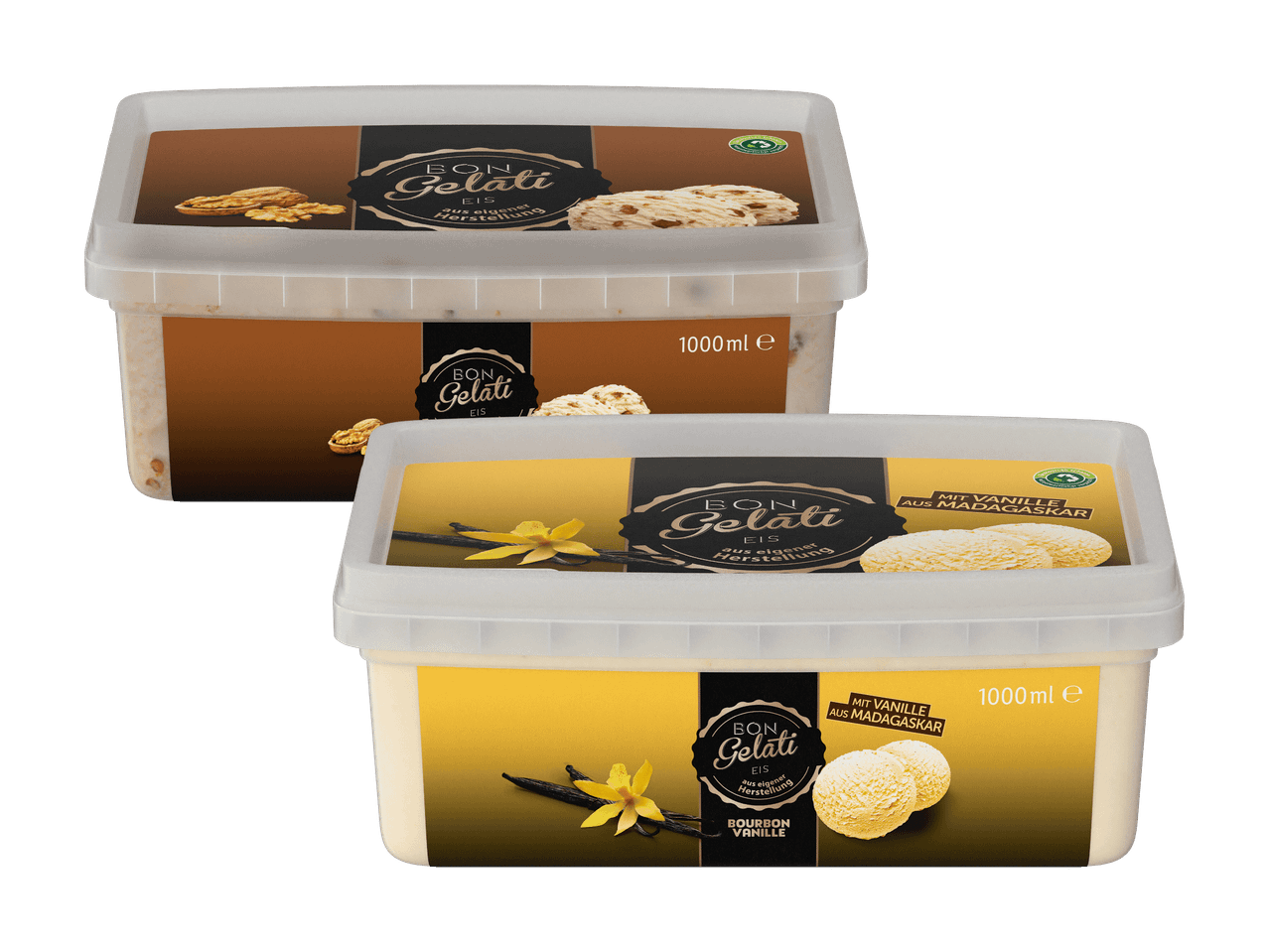 Zwei 1000ml Behälter Bon Gelati Eis: Walnuss und Bourbon Vanille aus Madagaskar.