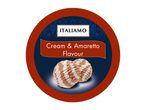Round label for 'ITALIAMO Cream & Amaretto Flavour' with two scoops of ice cream.