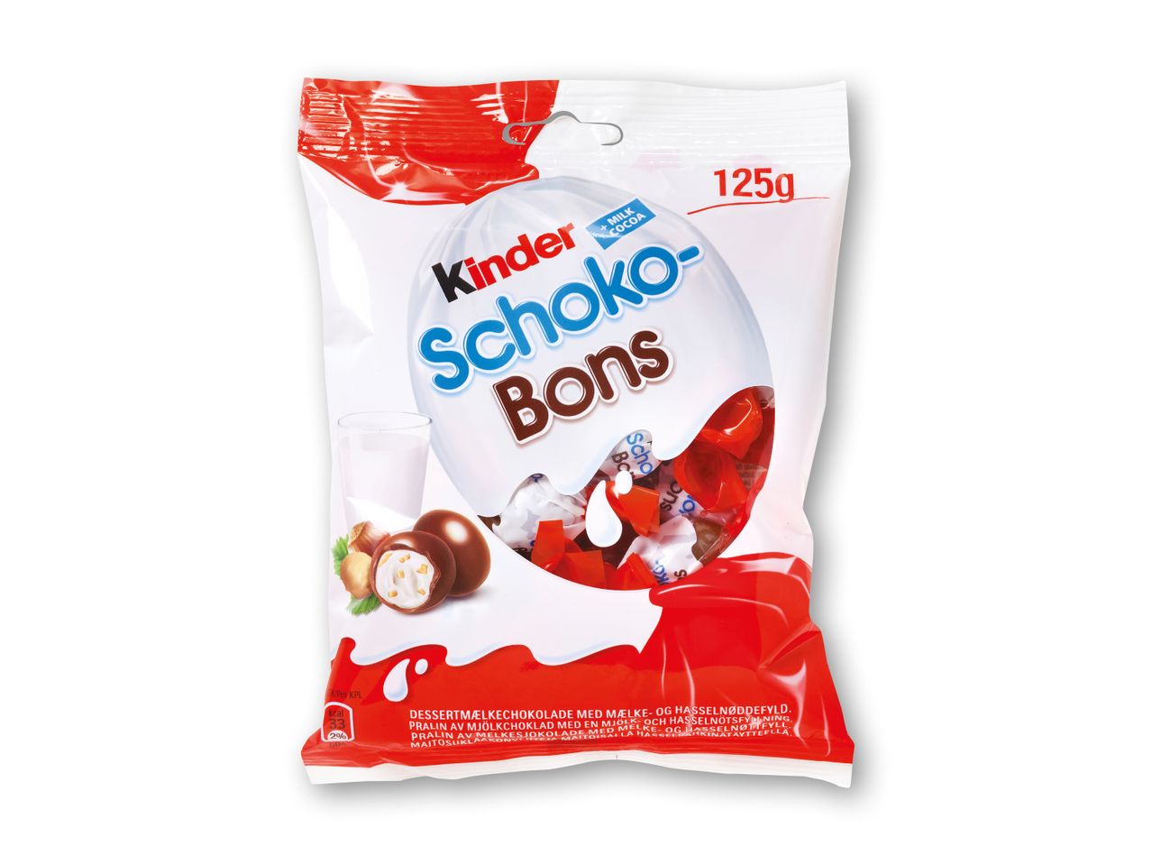 Pose med chokoladeæg med mælke- og hasselnøddefyld, 125g.
