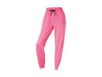 Pink joggers with a black drawstring and a small black logo on the left thigh