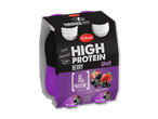 Firepakning med lilla og sorte højprotein-bærshots, der fremhæver 8g protein pr. flaske.