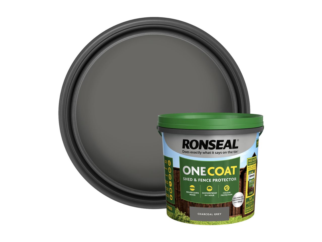 Open paint can and bucket of charcoal grey shed and fence protector.