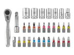 A set of silver socket wrenches, screwdriver bits, and a ratchet handle.