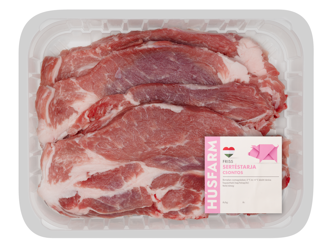 HusFarm sertéskaraj szeletek tálcán.