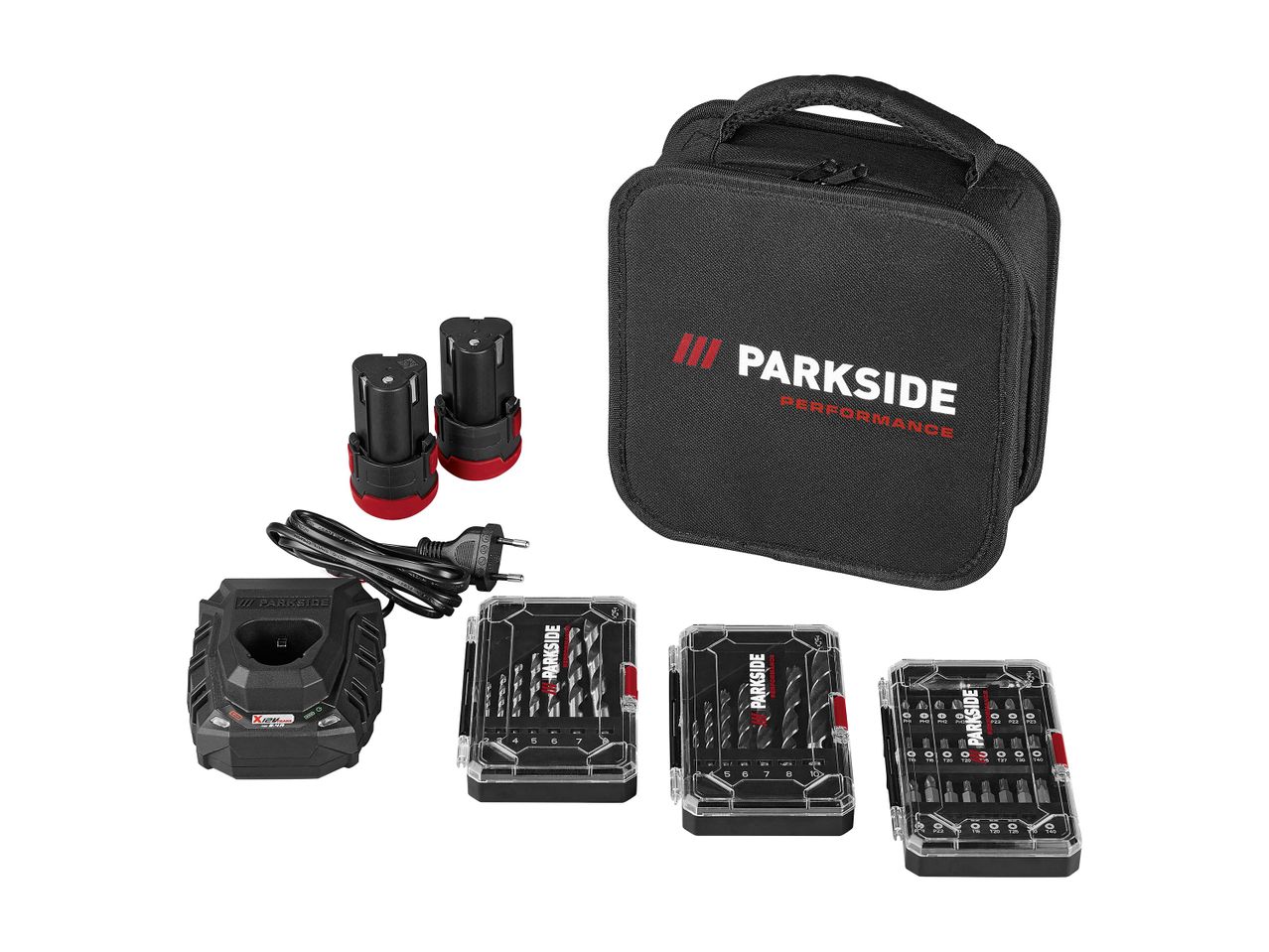 Parkside Performance akkumulátoros fúrókészlet töltővel, akkumulátorokkal és fúrófejekkel