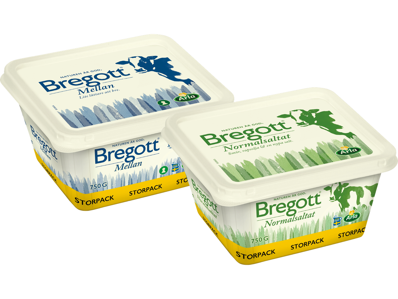 Två förpackningar Bregott smör, en blå för Mellan och en grön för Normalsaltat.