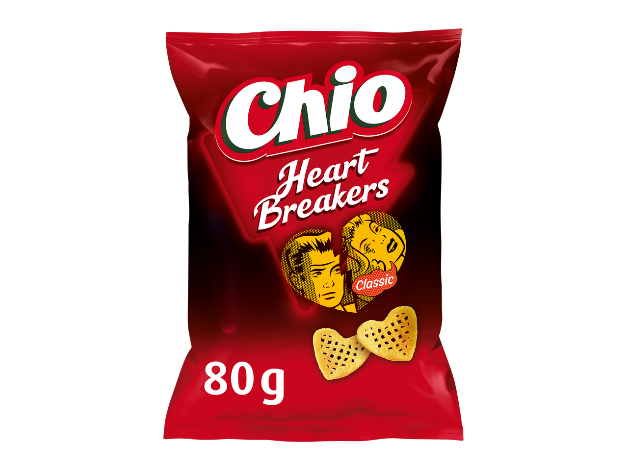Rode zak hartvormige chips met een pop-art afbeelding van een man en vrouw, 80g.