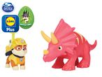 Paw Patrol's Rubble and a pink Triceratops dinosaur toy.