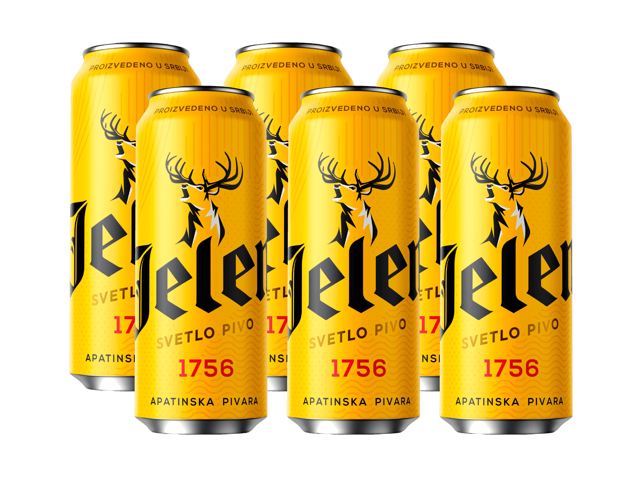 Sechs gelbe Jelen Bierdosen mit Hirschlogo und der Aufschrift „SVETLO PIVO 1756“
