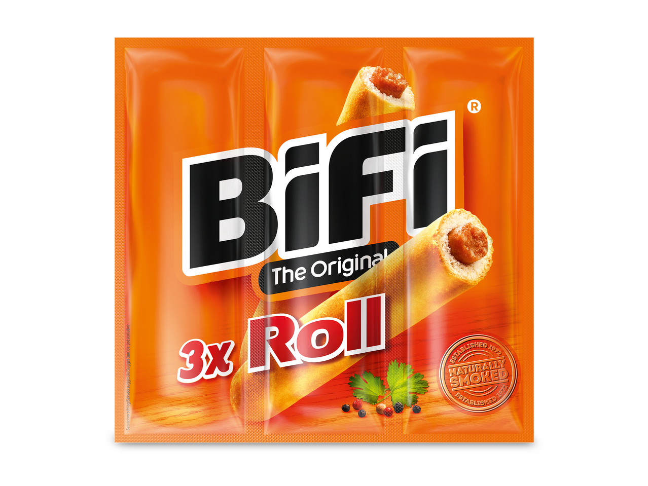 Drie verpakte broodjes met worstvulling, met de tekst 'The Original 3x Roll' en 'Naturally Smoked'.