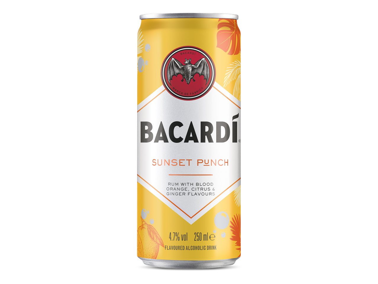 Gele blikje met een alcoholische drank met rum, bloedsinaasappel, citrus en gember.