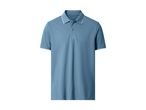 Light blue polo shirt with white trim on the collar and sleeves