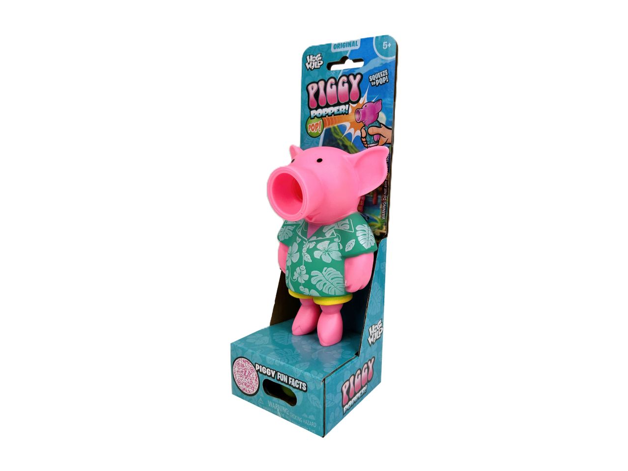 Pink pig-shaped popper toy in a Hawaiian shirt, displayed in its packaging with text 'PIGGY POPPER! SQUEEZE to POP!'