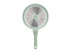 Underside of a light green frying pan with a textured silver base and a matching handle.