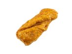 Golden brown twisted donut with a sugary glaze on a white background