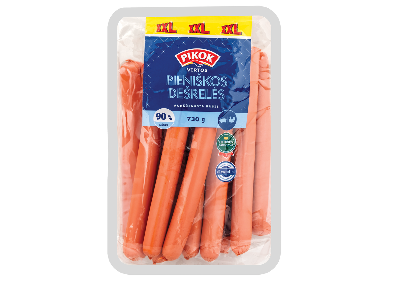 PIKOK XXL virtos pieniškos dešrelės, 90% mėsos, 730g pakuotė