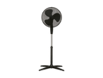 Ein schwarzer Standventilator mit drei Flügeln.