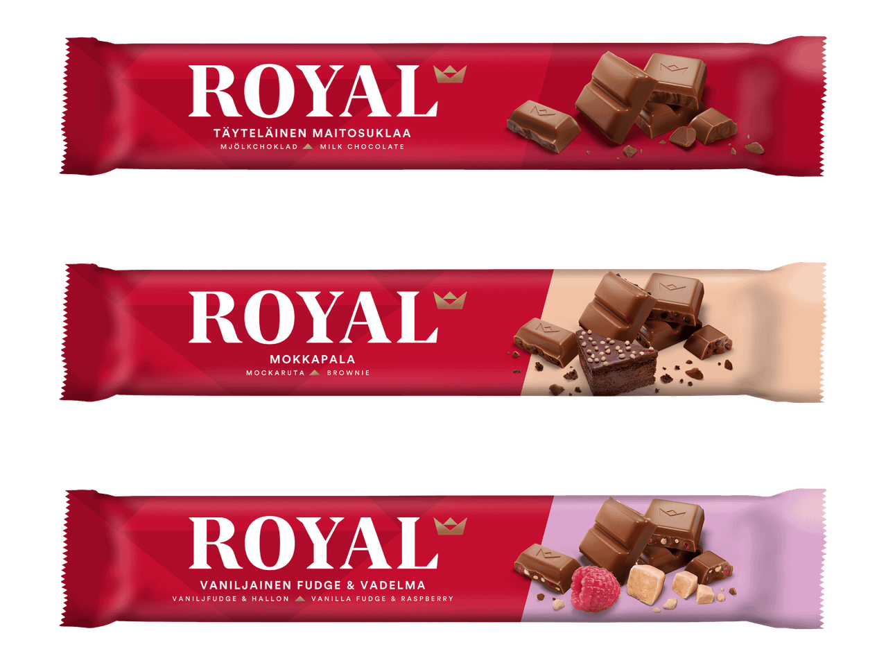Royal-suklaapatukat: maitosuklaa, mokkapala ja vanilja-vadelma.