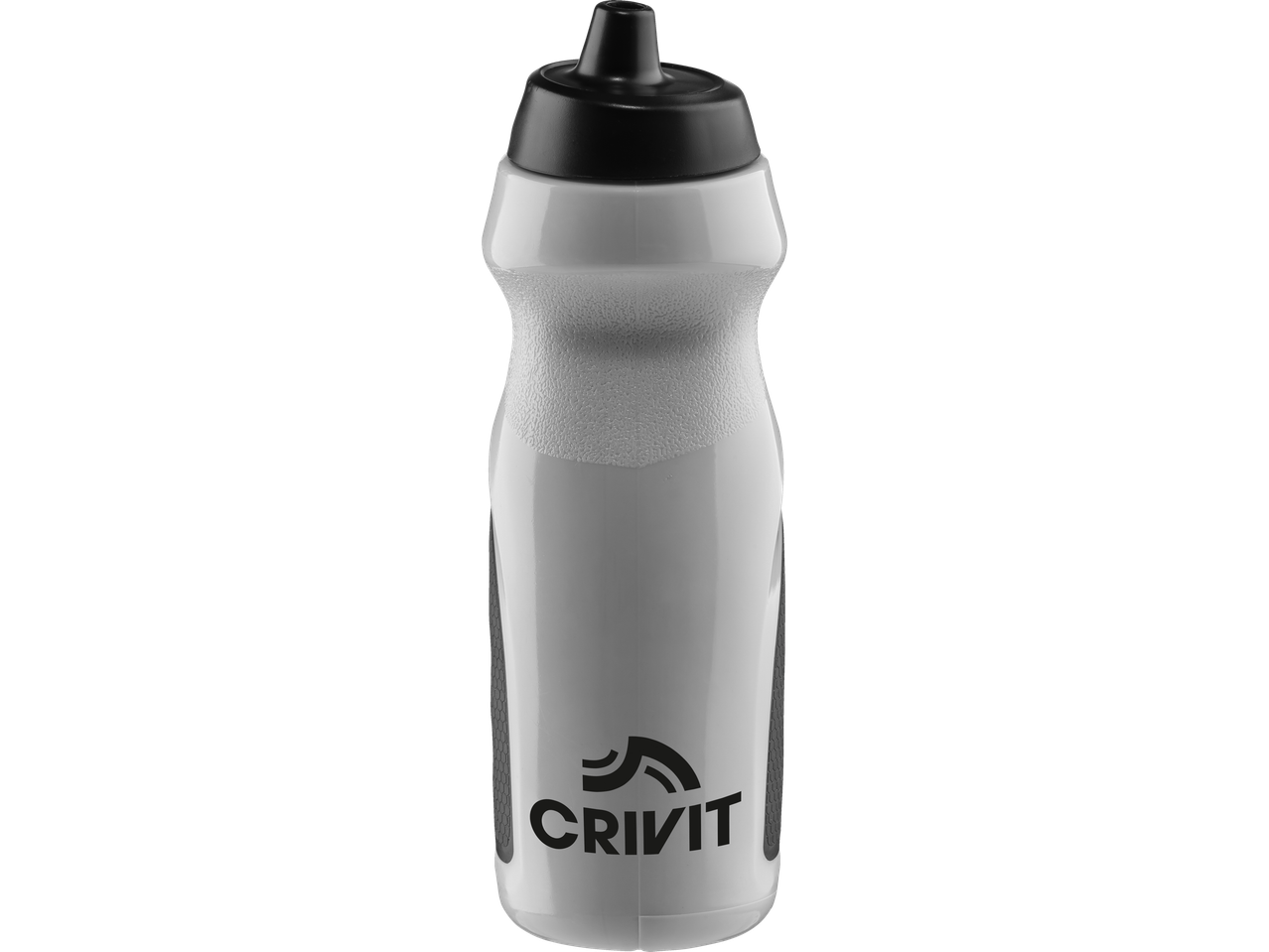 Crivit sporta pudele: pelēka ūdens pudele ar melnu vāku.