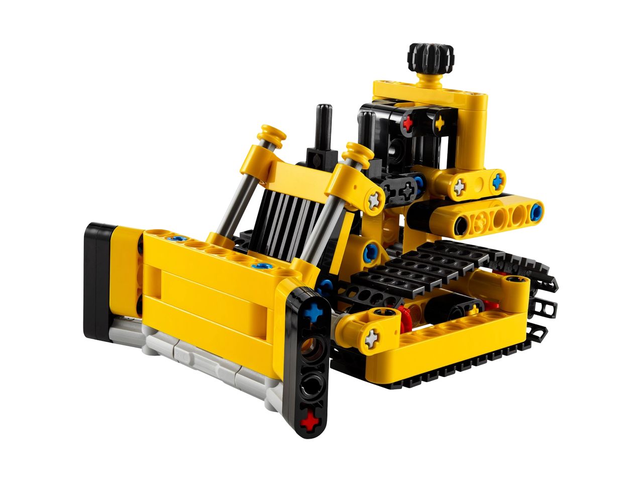 Yellow and black Lego Technic bulldozer toy.