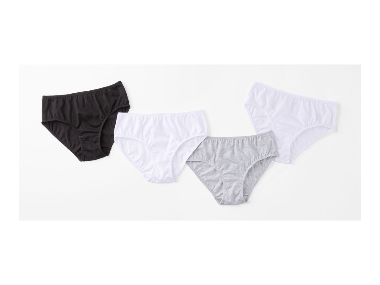 Three pairs of women's cotton panties in black, white, and gray.