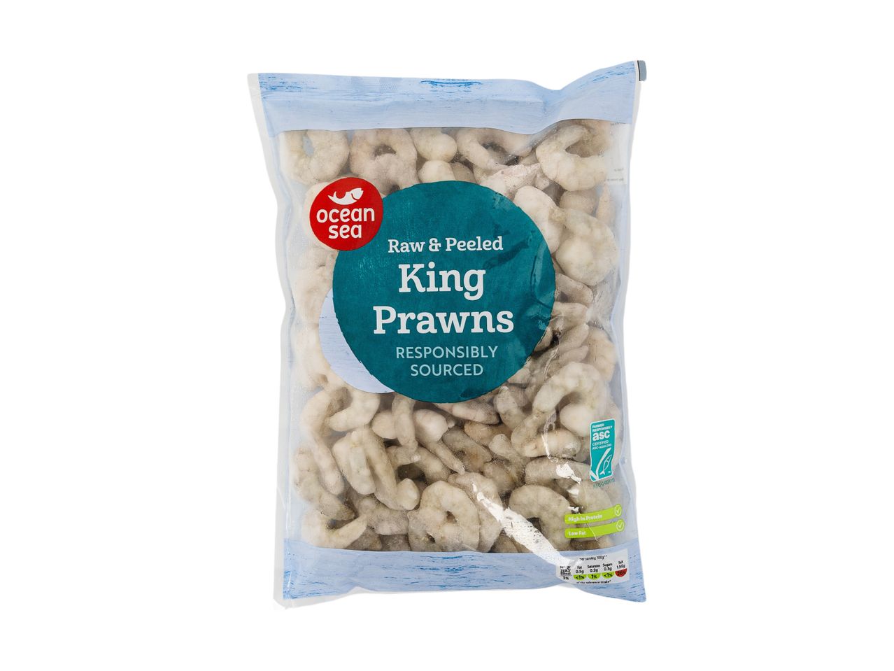 Frozen raw and peeled king prawns in a clear bag, responsibly sourced.
