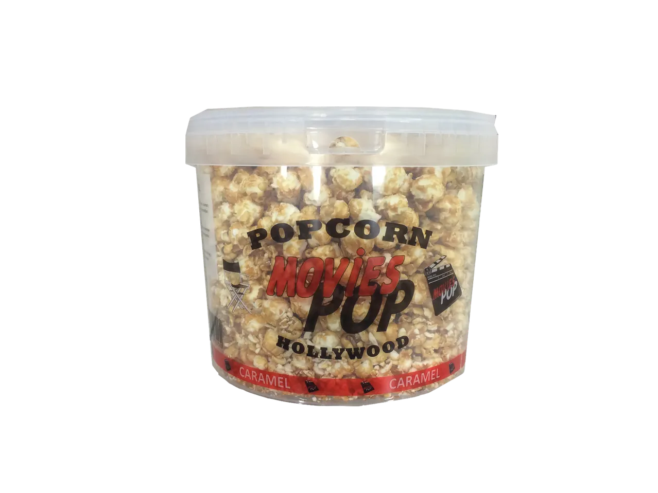 Seau de pop-corn au caramel sur le thème du cinéma, avec les mots 'Popcorn Movies Pop Hollywood'.