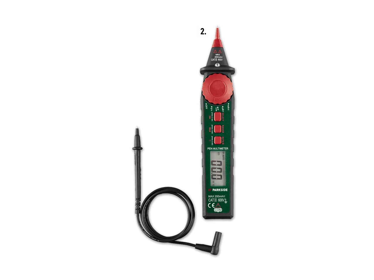 Ein Parkside Stift-Multimeter mit einem Messkabel.