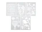 Set of five stencils with alphabet, floral, fairy, hot air balloon, and underwater themes.