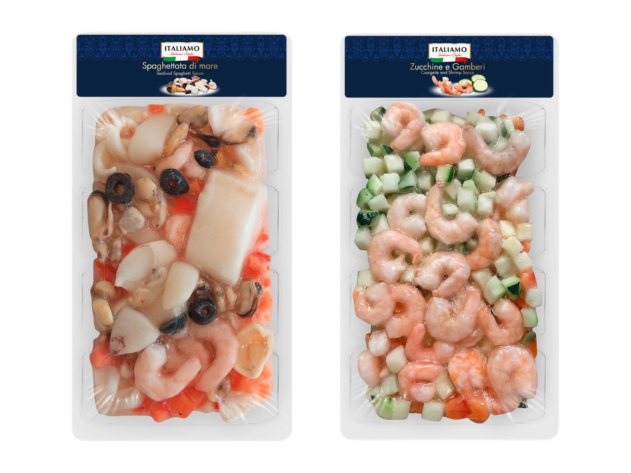 Două pungi de fructe de mare congelate, una cu creveți și legume, cealaltă cu creveți, calamar și legume.