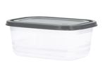 Rectangular clear food storage container with a dark grey lid