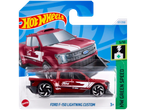 Hot Wheels Ford F-150 Lightning Custom toy car, red with white stripes, in packaging.