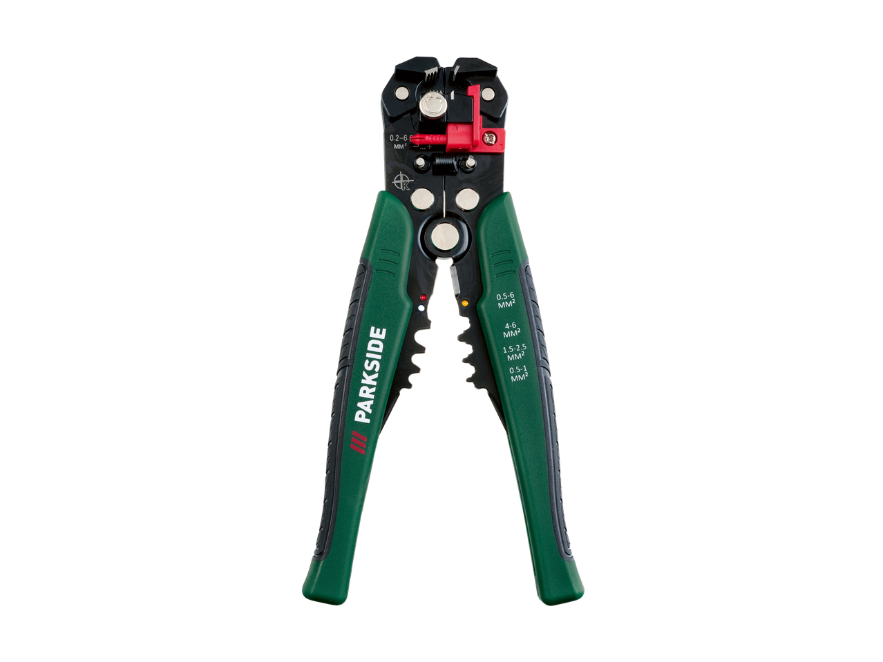 A Parkside automatic wire stripper with green handles on a black background.