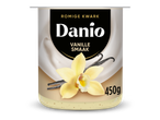 Romige kwark met vanillesmaak in een beker van 450g, versierd met vanillebloem en -stokjes.