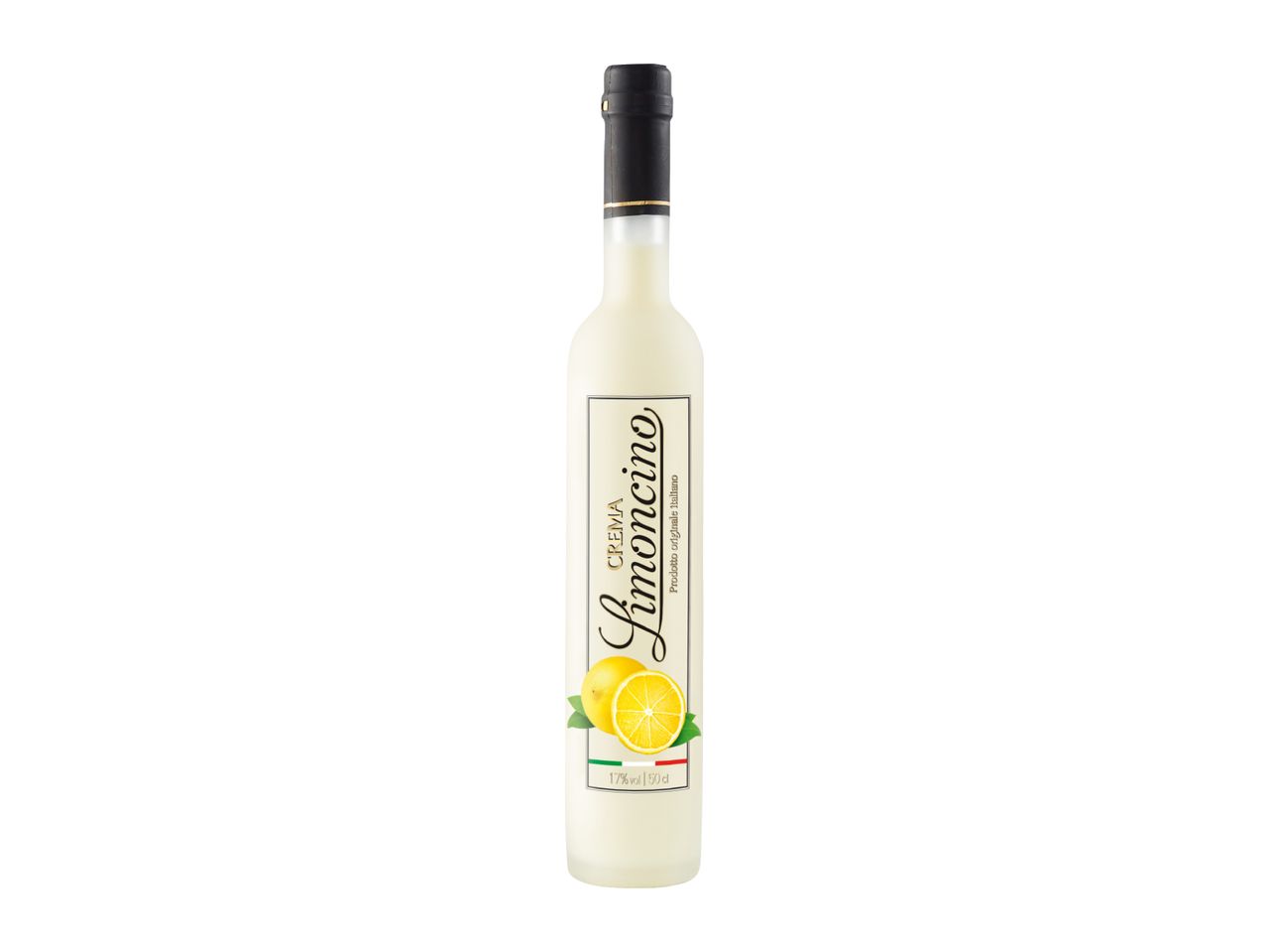 Creamy limoncello liqueur bottle with a lemon illustration and Italian flag detail.