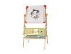 Children's wooden easel with a drawing of a fairy, an abacus, a clock, and alphabet letters