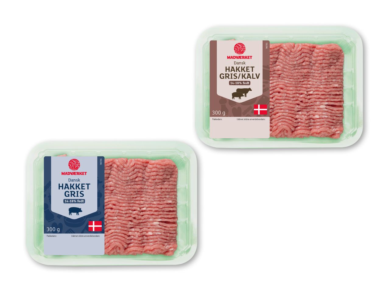 To pakker hakket kød, en med hakket gris og kalv, den anden med hakket gris, begge 300g.