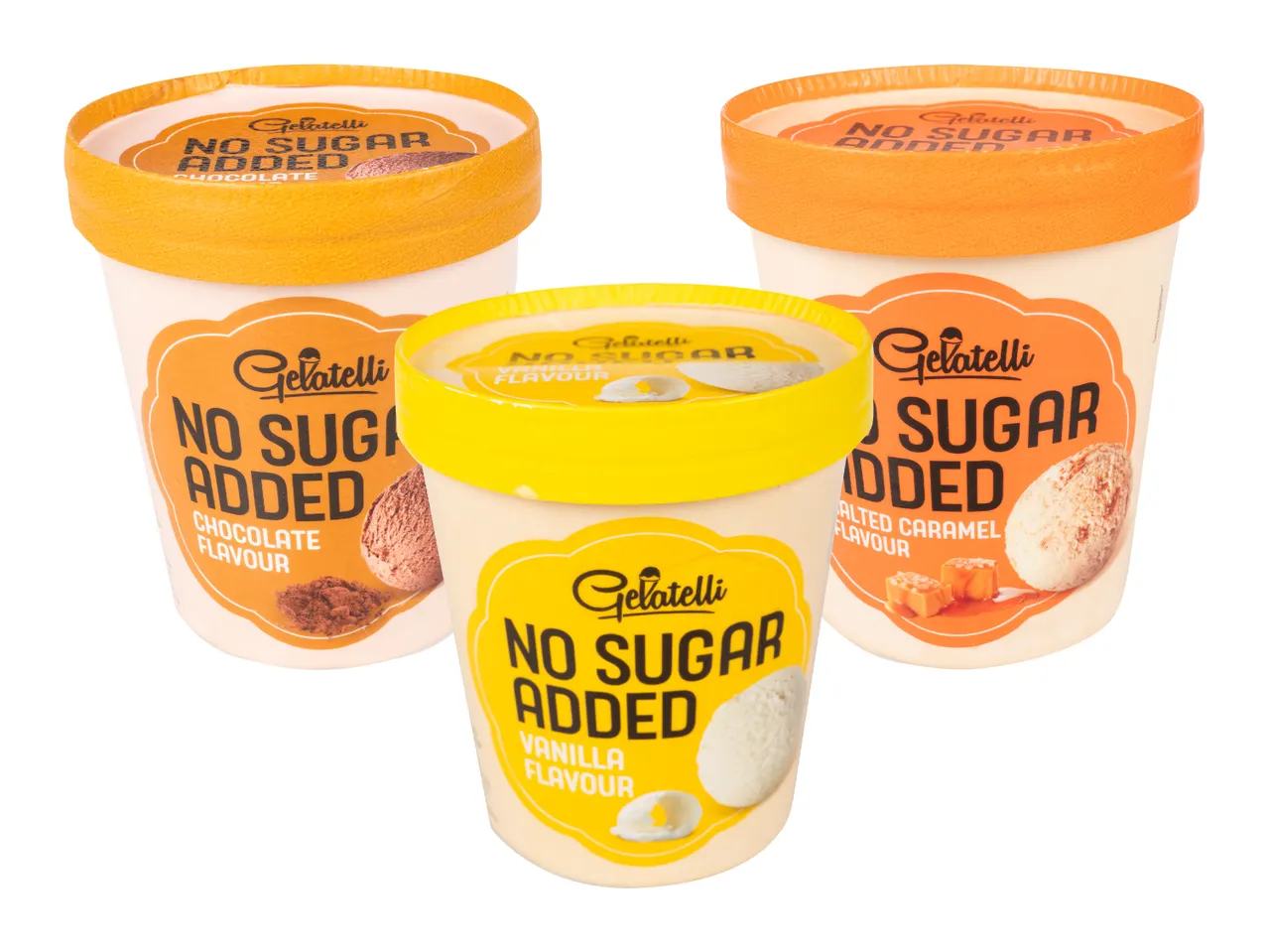 Trei cupe de înghețată Gelatelli fără adaos de zahăr, cu arome de ciocolată, vanilie și caramel sărat.