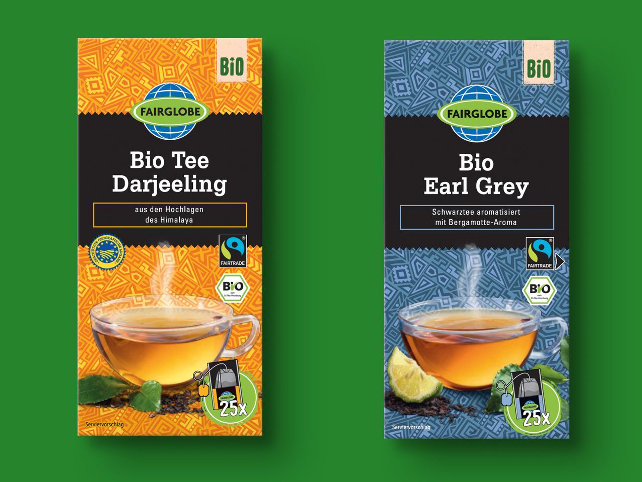Fairglobe Bio-Tee: Darjeeling und Earl Grey, 25 Filterbeutel.