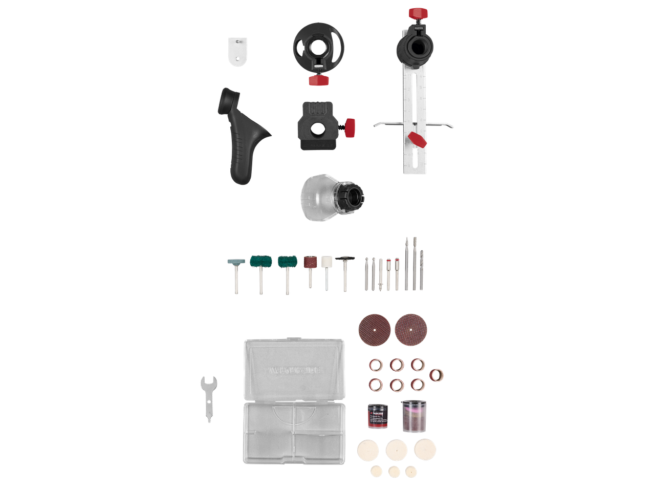 Комплект аксесоари за мултифункционален инструмент Parkside, включващ приставки и консумативи.