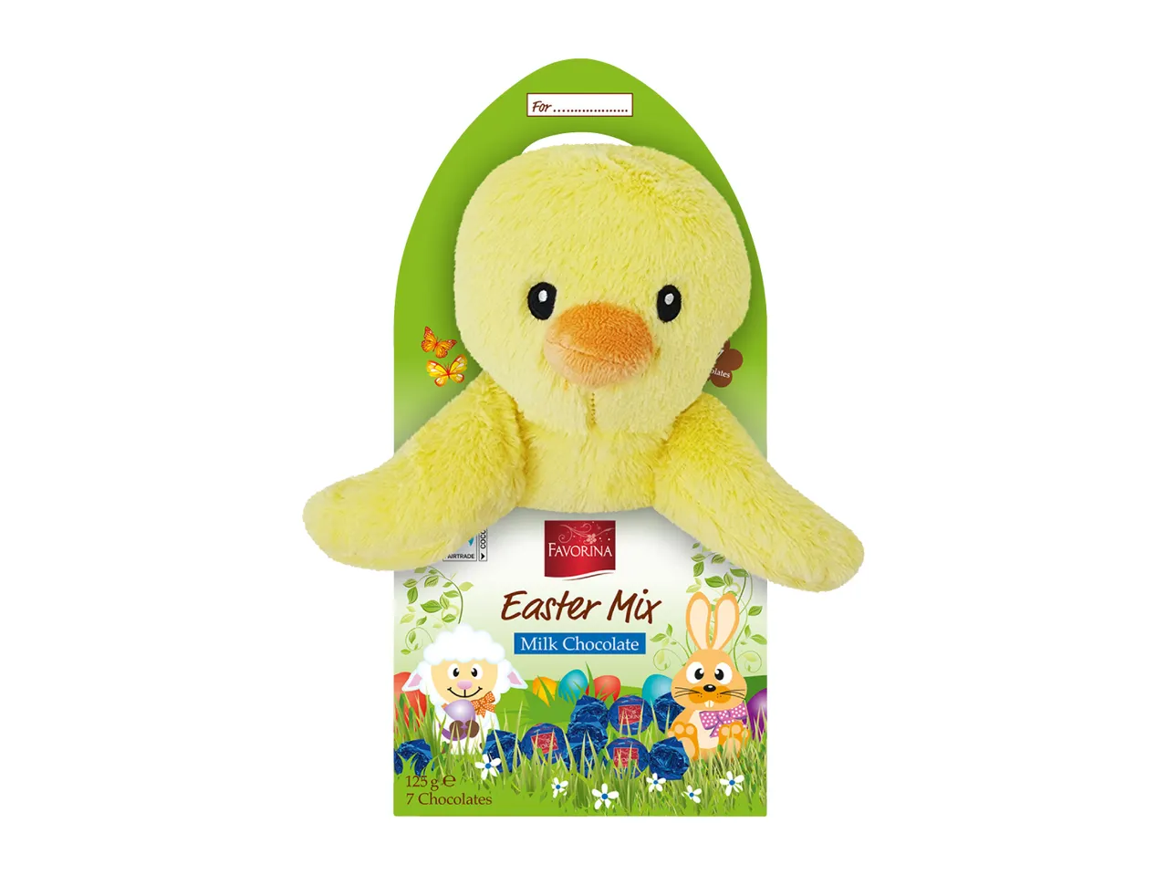 Easter gift set with a yellow plush chick and milk chocolates, featuring a lamb and bunny.