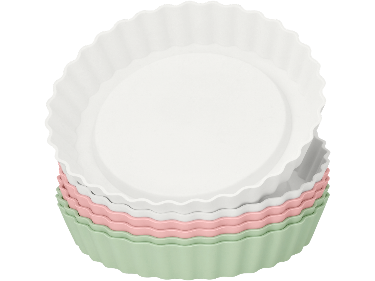 Trīs Silvercrest® silikona tartes veidņu kaudze baltā, rozā un zaļā krāsā.